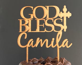 Personalized Baptism Cake Topper: God Bless, Rustic Wood