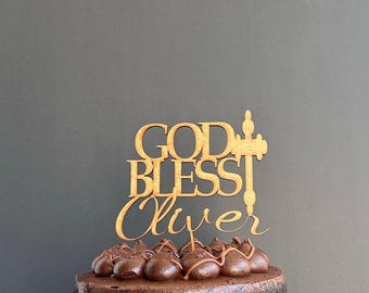 Custom Baptism Cake Topper, God Bless First Communion Decor