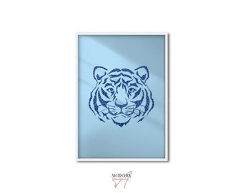 Blue Tiger Animal Print • Preppy Wall Art • Modern Dorm Room Decor • Aesthetic Wall Art Prints • Trendy Maximalist Wall Art • Dopamine Decor