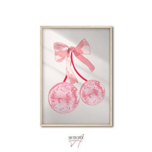 Cherry Disco Ball and Bow Print • Retro Wall Art • Ribbon Disco Ball Dorm Room Wall Decor • Girly Poster • Trendy Bedroom Prints • Gift Idea
