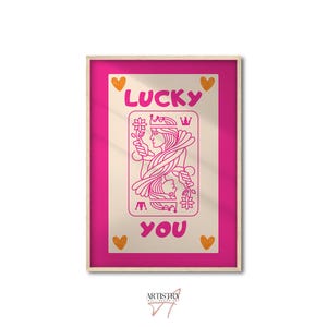 Trendy roze hartenkoningin-print • Lucky You-poster • Retro muurkunst • Esthetische print • Speelkaartposter • Preppy kamerwanddecoratie