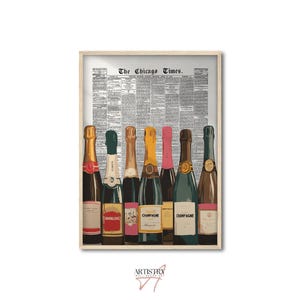 Retro Newspaper Print • Bar Cart Poster • Champagne Wall Art • Modern Kitchen Wall Decor • Alcohol Art Print • Trendy Decor for Home Bar
