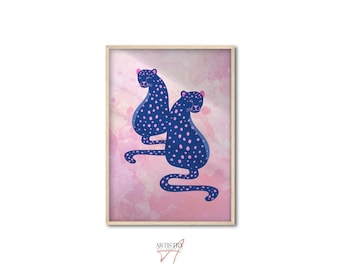 Arte murale con giaguaro blu • Stampe di grandi felini • Arte murale con leopardo • Poster di animali • Stampa di ghepardo • Arredamento alla moda per appartamenti • Stampa murale per stanze preppy