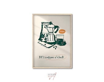 May include: A framed print with a green illustration of a coffee pot, a glass of coffee, and coffee beans. The text "It's coffee o'clock" is written below the illustration.