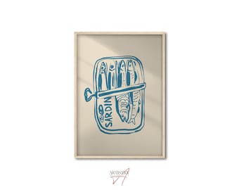 Lámina de sardinas enlatadas • Arte de pared retro azul • Decoración de pared estética para la cocina • Póster de sardinas de moda • Lámina de arte costero • Arte de pared de peces