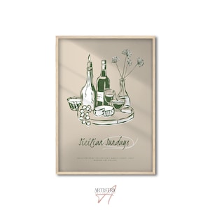Plakat Retro Wine • Abstrakcyjna sztuka ścienna z kwiatami • Nowoczesne zielone wydruki • Wydruk artystyczny na wózek barowy w stylu retro • Modne plakaty ścienne • Wystrój domu