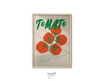 Può includere: Una stampa artistica incorniciata con un gruppo di pomodori rossi con steli verdi su sfondo beige. La parola "TOMATO" è scritta in verde in alto. La stampa include anche testo scritto a mano.
