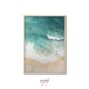Minimalist Swimming Wall Print • Tiny People Aerial Ocean Wall Decor • Coastal Beach Summer Print • Trendy Wall Art • Beachy Room Decor
