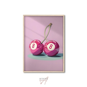 Impresión de cereza con bola 8 • Póster de pared retro femenino • Decoración de apartamento con estética funky Y2K • Arte de pared con bola de billar • Arte de pared para dormitorio • Póster rosa