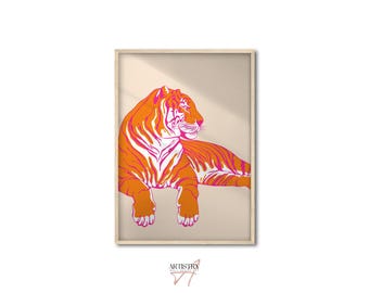 Preppy Tiger Art Print • Orange Tiger Print • Trendy Room Decor • Aesthetic Wall Art • Animal Illustration • Wall Decoration For Bedroom
