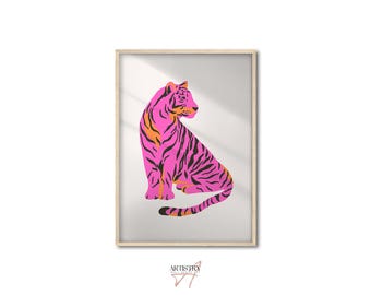 Pink and Orange Tiger Poster • Preppy Wall Poster • Dorm Room Wall Art • Aesthetic Wall Prints • Trendy Maximalist Wall Art • Gift Idea