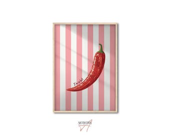Disco Ball Red Chili Pepper Poster • Trendy Food Art Print • Pink Stripe Wall Art • Modern Kitchen Wall Decor • Framed Print • Gift Idea