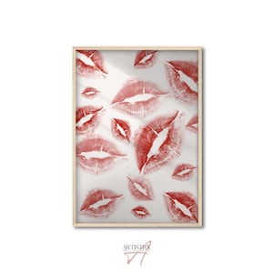Póster de besos de lápiz labial de moda • Arte de pared funky Y2k • Impresión artística de besos de boca roja • Arte de pared moderno • Decoración de pared femenina • Impresión de beso francés