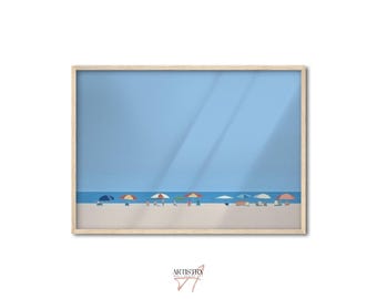Abstract Serene Beach Print Swimming Print • Tiny People Swimming in Ocean Print • Blue Bathroom Wall Art • Beach Print • Minimalist Poster