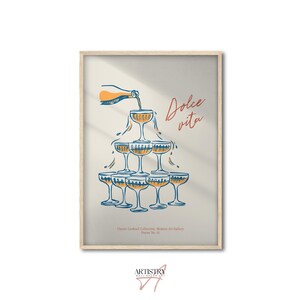 Poster Champagnetoren • Moderne keukenmuurposter • Elegante drankkunst aan de muur • Retro barwagenafdruk • Decor thuisbar • Idee verjaardagscadeau