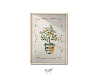 以下が含まれることがあります： 緑の葉とオレンジ色の実をつけた鉢植えのオレンジの木のイラストが額装されています。フレームは赤い縁取りで、背景は白です。