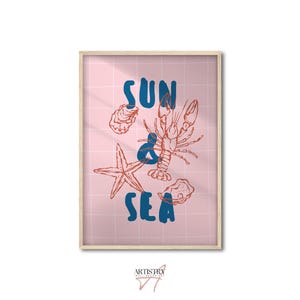 Póster de sol y mar • Impresión tipográfica de arte costero de playa de verano • Decoración de pared de casa de playa • Arte de pared rosa de verano • Póster con cita de verano