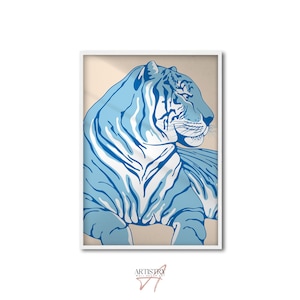 Blue Preppy Tiger Art Print • Tiger Wall Art • Trendy Room Decor • Aesthetic Wall Peint • Animal Illustration • Bedroom Decor • Gift for Him