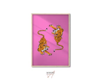 May include: Two orange and black tigers facing each other on a pink background. The tigers are in a mirrored pose, with their tails curled around their bodies.