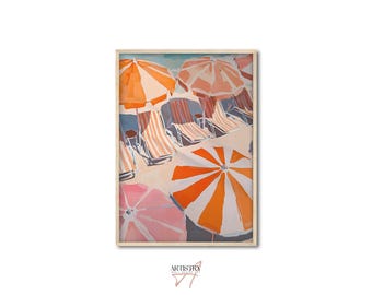 Trendy Beachy Wall Art • Colorful Beach Umbrella Aerial Poster • Summer Coastal Wall Art • Vintage Beach Oil Painting • Beach House Print