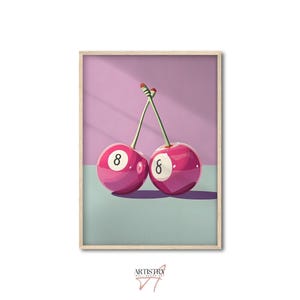 Roze 8-ball kersenprint • Retro girly poster • Funky muurkunst • Esthetische muurdecoratie slaapzaal • Muurprint poolbal • Muurkunst moderne slaapkamer