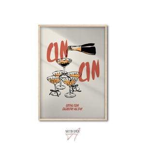 トレンディな Cin Cin ポスター • バーカート アートプリント • マキシマリスト キッチン ウォールアート • ダイニングルーム ウォールデコ • 手描きドリンクプリント • レトロアート