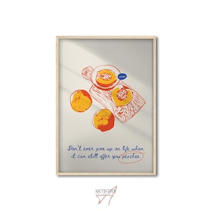 Peaches Fruit Print • Hand Drawn Peach Print • Fruit Art Print • Maximalist Art Print • Colourful Kitchen Wall Decor • Orange Home Decor