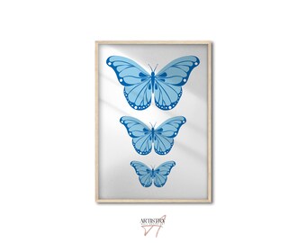 Blauwe vlinderprint • Vlindermuurdecoratie • Trendy muurkunstprint • Preppy kamer muurposter • Boho muurkunst • Girly kamer muurprint