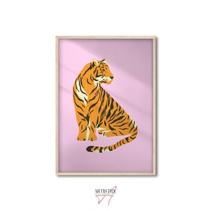 Impresión de arte de pared minimalista de tigre • Arte de pared rosa claro • Póster de tigre • Póster de animal lindo • Decoración de dormitorio elegante • Arte de pared de dormitorio • Regalo para ella