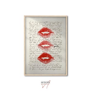 Póster de beso retro • Decoración con carta de amor vintage • Impresión de pared de moda • Arte de pared estético • Decoración de pared para dormitorio • Mural de labios • Idea de regalo