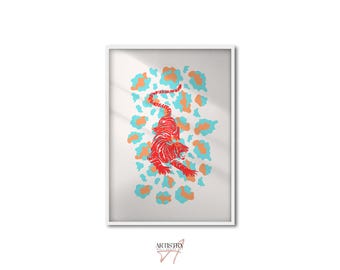 Red Tiger Wall Art Print • Japanese Wall Art Poster • Modern Illustration Wall Poster • Maximalist Wall Art Print • Housewarming Gift Idea