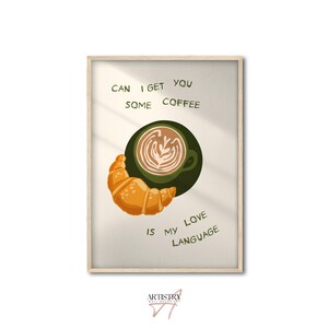Croissant and Coffee Print • Modern Kitchen Wall Art • Coffe Bar Decor • Minimalist Print • Coffee Illustration • Gift Idea for Coffee Lover