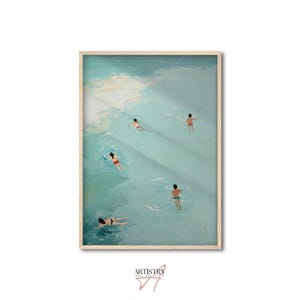 Minimalist Swimming Wall Art • Tiny People Aerial Ocean View Poster • Coastal Beach Summer Print • Swimming Pool Art • Beachy Room Decor