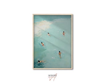 Minimalist Swimming Wall Art • Tiny People Aerial Ocean View Poster • Coastal Beach Summer Print • Swimming Pool Art • Beachy Room Decor