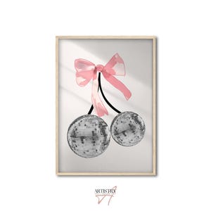 Cherry Disco Ball and Pink Bow Print • Retro Wall Art • Ribbon Disco Ball Dorm Wall Decor • Girly Poster • Trendy Bedroom Prints • Gift Idea