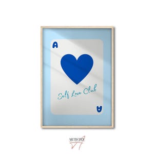 Impresión de tarjeta Ace • Arte de pared moderno • Arte de pared Ace azul • Decoración de carrito de bar • Dormitorio femenino retro • Impresión de cita de Self Love Club • Decoración de pared de habitación