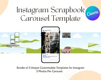May include: A digital mockup of an Instagram carousel template for a scrapbook theme. The template features a blue sky, green hills, and a vintage car. The text "Instagram Scrapbook Carousel Template" is displayed at the top of the image. The text "Bundle of 3 Unique Customisable Templates for Instagram 5 Photos Per Carousel" is displayed at the bottom of the image.