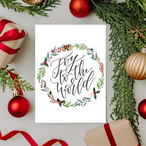 Carte Couronne de Noël calligraphiée « Joy to the world » - Format A6, Carte de Vœux, Carte Brush Lettering, Couronne de Noël, Fait main