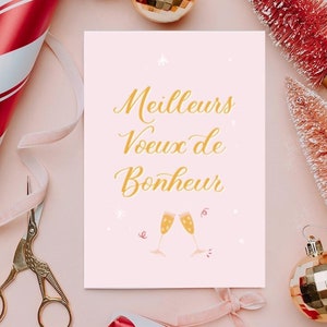 Carte calligraphiée « Meilleurs vœux de bonheur », Vœux, Carte de Vœux, Carte Nouvel An, Noël, Carte Brush Lettering, Carte de vœux rose