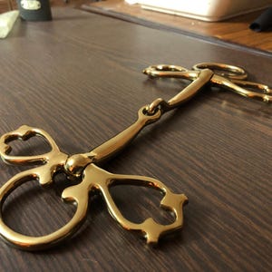 Op de afbeelding: Een gouden paardenbit met ingewikkelde, sierlijke ontwerpen. Het bit heeft aan beide uiteinden twee ringen en een gebogen middelste staaf.