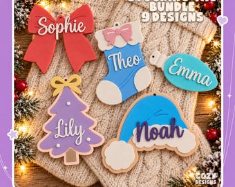 May include: A set of five colorful 3D printed stocking tags featuring the names Sophie, Theo, Emma, Lily, and Noah. The designs include a red bow, a blue stocking, a teal light bulb, a purple tree, and a blue hat. Text reads Stocking Tag Bundle 9 Designs.