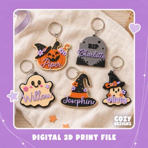 May include: Five Halloween-themed keychains featuring a pumpkin with a witch hat, a tombstone with the text RIP Charlotte, a ghost labelled Willow, a witch hat labelled Josephine, and a ghost labelled Olivia, all with metal rings.