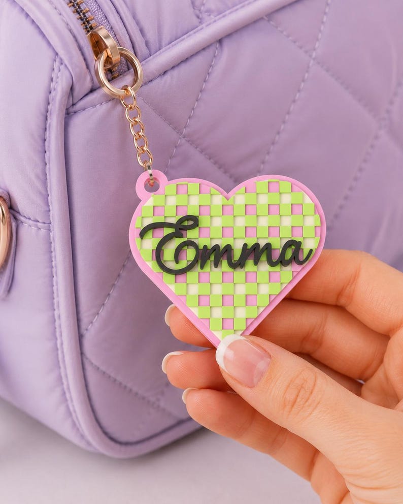 Checkered Heart Name Keychain, 3D printed to order in Wentzville MO
