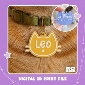 Può includere: Una medaglietta per animali a forma di gatto gialla con il nome Leo in bianco, attaccata a un collare verde. Un riquadro mostra una versione blu con il testo I'M LOST! CALL MY HUMAN! e il numero +1 (444) 555-0147 in lettere bianche.