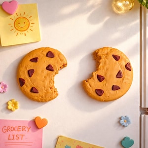 May include: Two magnet cookie replicas with chocolate chips, one with a bite taken out. The cookies are a light brown color and are attached to a white surface. Other magnets include a pink heart, flowers, and a yellow sticky note with a sun drawing.