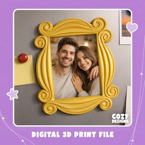 May include: A yellow, ornate, rectangular picture frame with decorative scrollwork at each corner. The frame contains a photograph of a smiling couple. The text "COZY DESIGNS" and "DIGITAL 3D PRINT FILE" are visible in the lower portion of the image.