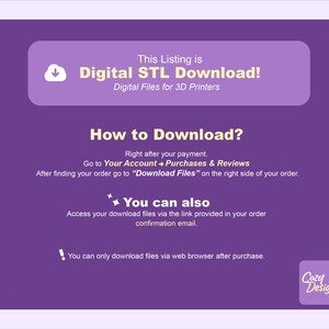 K&ouml;nnte beinhalten: Ein lilafarbener Grafik mit wei&szlig;em Text, der "Digitaler STL-Download!" anzeigt, sowie Anweisungen zum Herunterladen der Dateien. Das Cozy Designs-Logo ist ebenfalls enthalten.