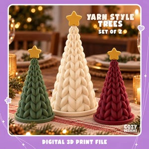 Puede incluir: Tres árboles decorativos en forma de cono con un patrón de tejido de punto. Los árboles son verde, crema y granate, cada uno coronado con una estrella amarilla. Texto: YARN STYLE TREES SET OF 2, COZY DESIGNS, DIGITAL 3D PRINT FILE.