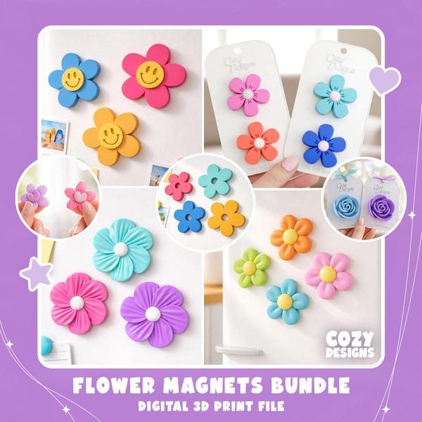 STL 3D Print File – Flower Magnet Bundle, 10 Designs | Fridge Decor