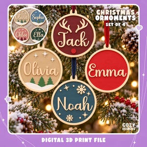 May include: A set of four circular Christmas ornaments featuring personalized names in script font. The ornaments include designs with reindeer antlers, pine trees, and snowflakes in red, blue, and tan colors. Text reads CHRISTMAS ORNAMENTS SET OF 4.